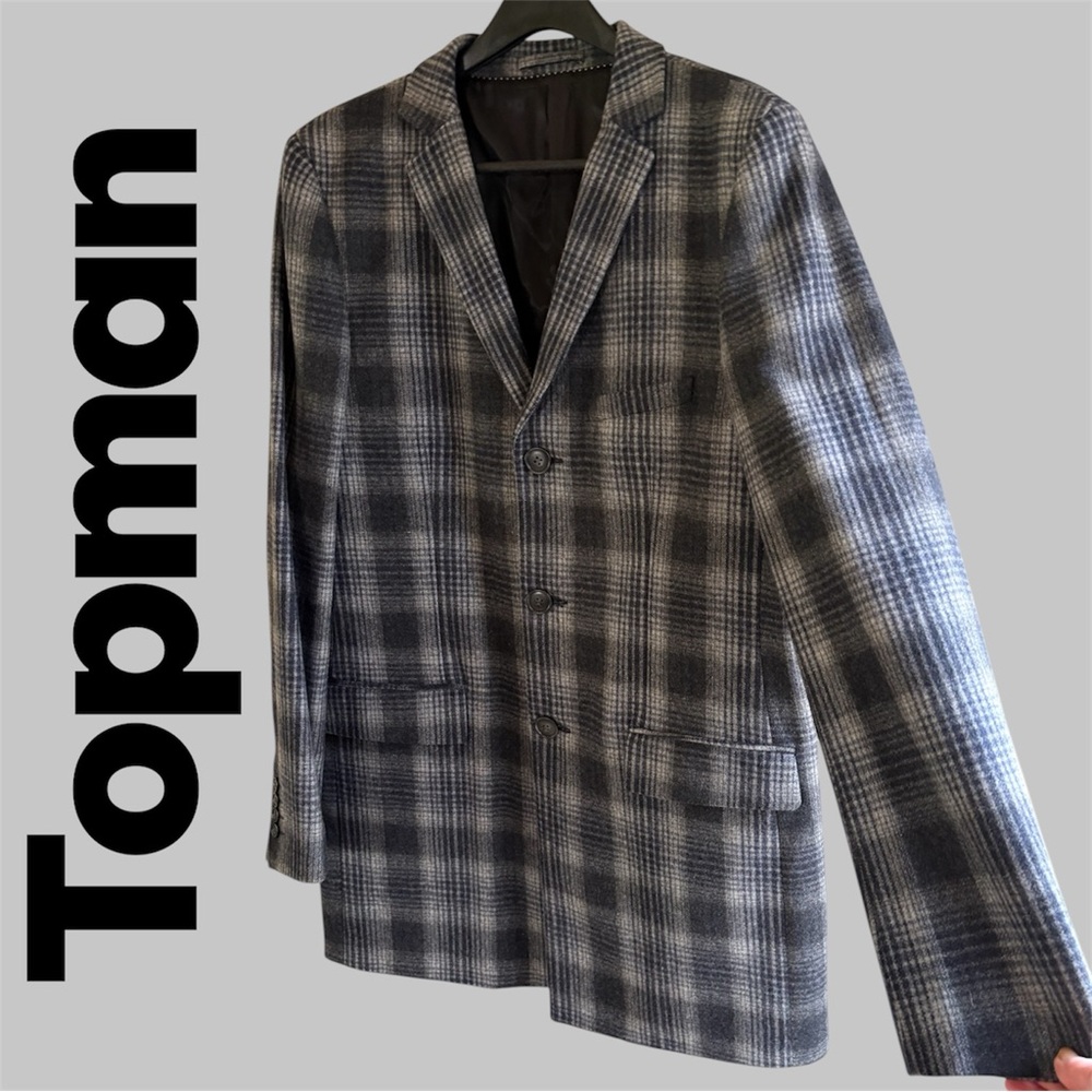 Topman - Sharp Men’s Gray/Black Plaid Wool Blend Car Coat. Size 44. New w/o tags